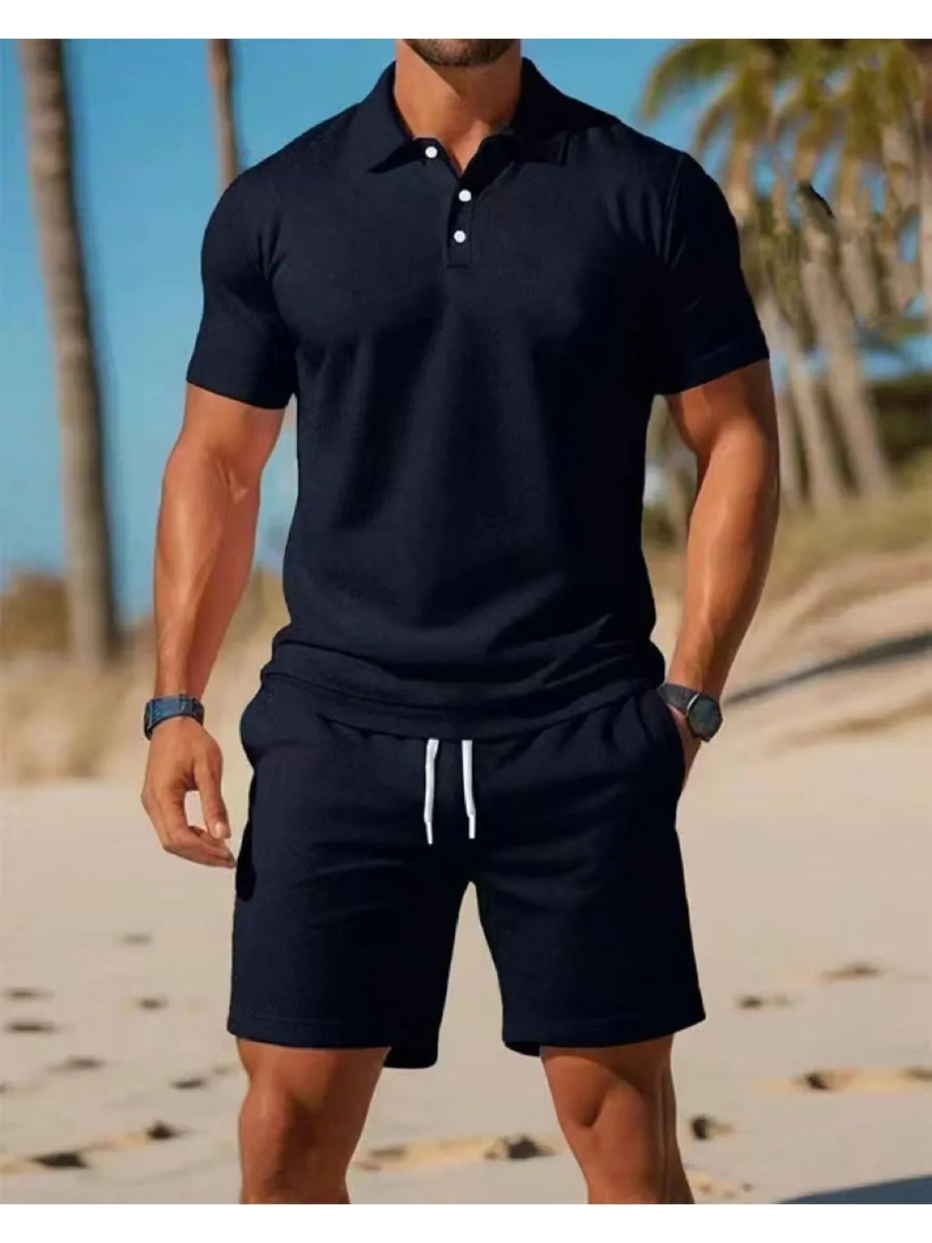 Summer new men's polo shirt set casual sporty cool fashionable slim fit solid color short sleeved shorts set men's