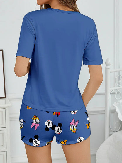 Women's 2-piece Disney Mickey and Friends Cute Cartoon Pattern Short sleeved Top and Shorts Pajamas Home Clothes