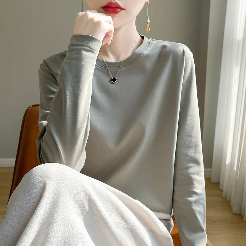 100 Cotton Womens Long-Sleeved Round Neck T-Shirt - Loose Bottoming Top for Spring  Autumn