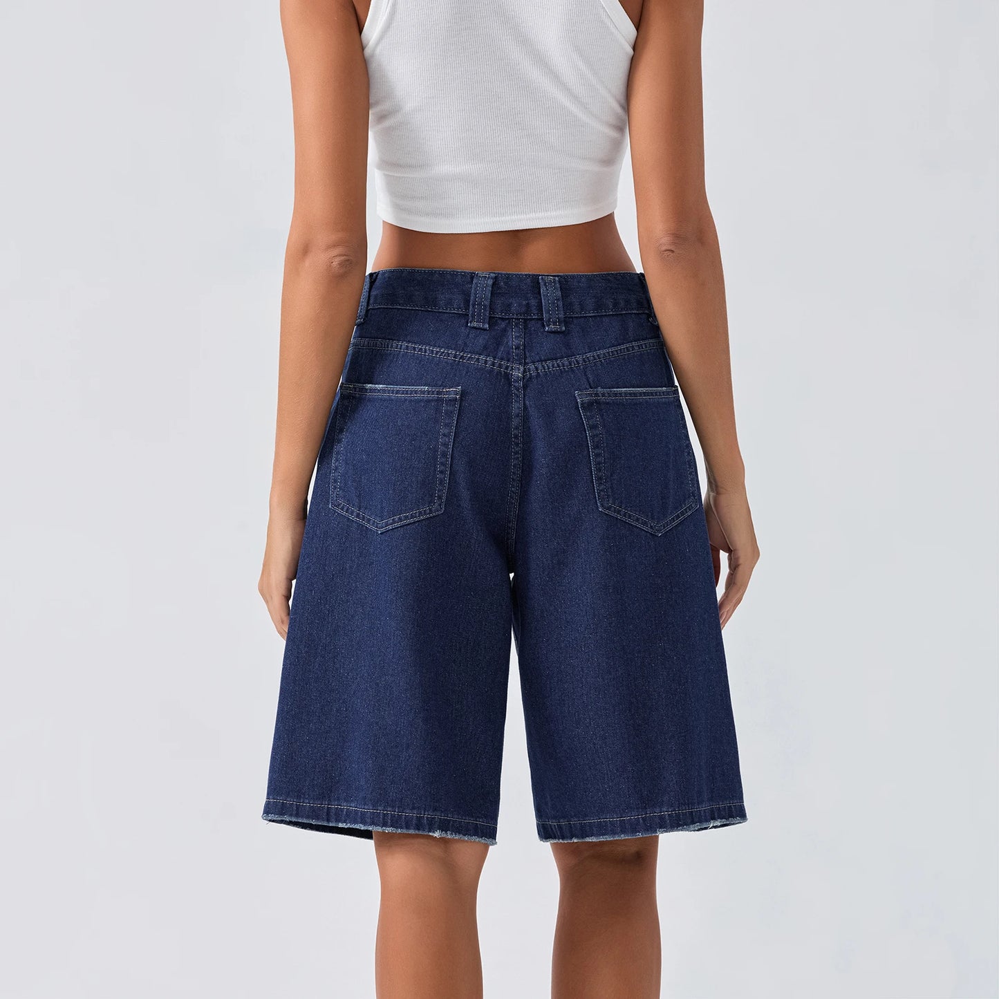 New Fashion Womens Knee Length Denim Shorts Loose Solid Color Low Rise Wide Leg Long Shorts With Pockets For Summer S-2XL