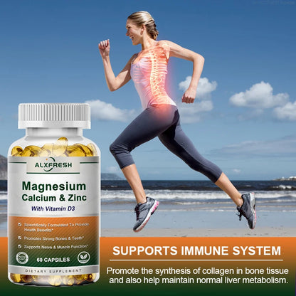Alxfresh Calcium Magnesium Zinc & Vitamin D3 Capsules for Immune System, Bone, Nervous System Health Support | Non-GMO, Vegan