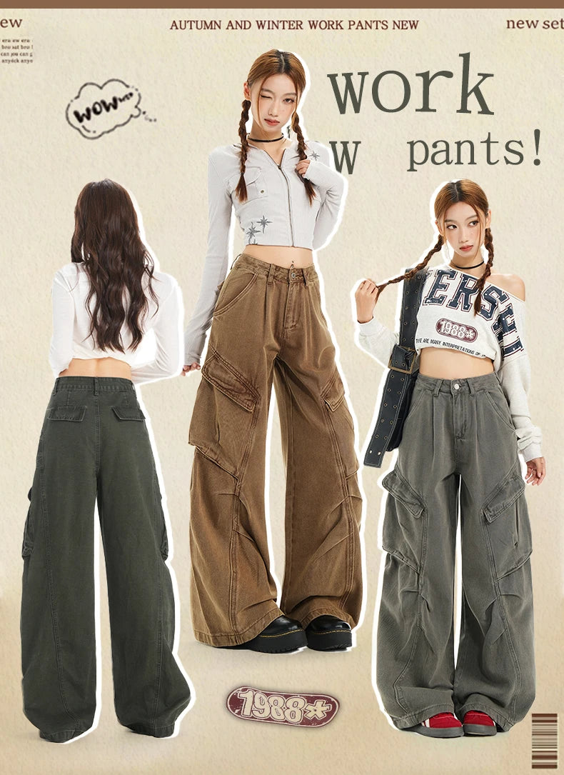 Retro Casual High Waisted Baggy Cargo Jeans Women Washed Distressed Wide Leg Pants Brown Denim Y2K Streetwear Vintage Trousers