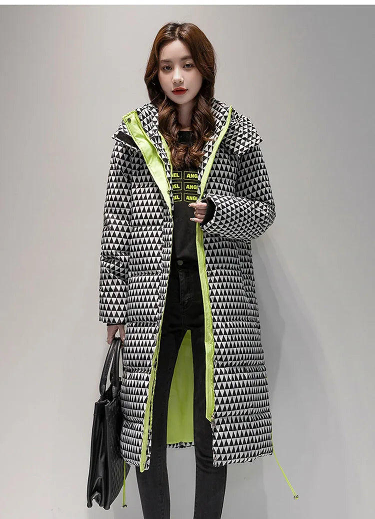 2023 Winter Warm  Plaid Long  Coat Women ' s Fashion Thicken Hooded Puffer Jacket Female Windproof Warm Outwear