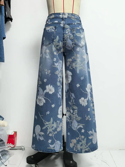 New for 2026: Women's Blue High-waisted Stretch Jeans, Vintage-style Loose-fit Wide-leg Denim Pants with A Floral Print.