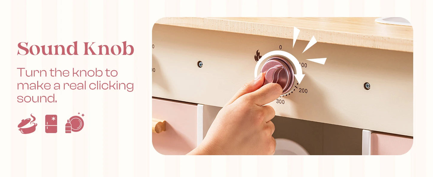 Robotime Robud Kids Corner Kitchen Playset Wooden Play Kitchen Set with Realistic Sound Pretend Play Gift for Boys Girls Pink