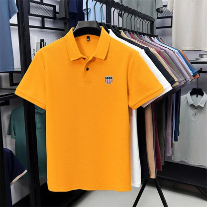Men's Summer Luxury 100% Cotton Polo Shirt, Lapel Print Short Sleeve T-shirt, Breathable Business Casual Menswear