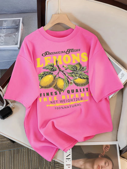 Lemons Fruits Premium Fresh Printing T Shirt Woman Loose Cotton Sportswear O-Neck Casual T Shirts Loose All-Match Short Sleeve