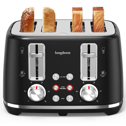 4-Slice Stainless Steel Toaster - Extra Wide Slots Dual Controls Removable Crumb Tray 6 Shade Settings Black