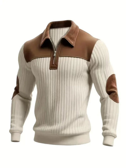 New Arrival Men Color Block Corduroy Collar Ribbed Long Sleeve Half Zip Polo Sweater Elbow Patches Casual Pullover Sweatshirts