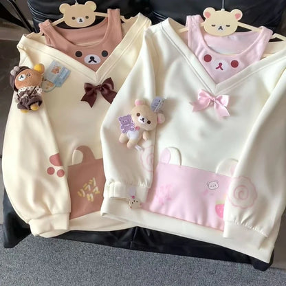 Japanese Cartoon Printing T-Shirts Y2k Aesthetic Bear Pattern Bow Kawaii Cute Tees Preppy Style Grunge Off Shoulder Casual Tops