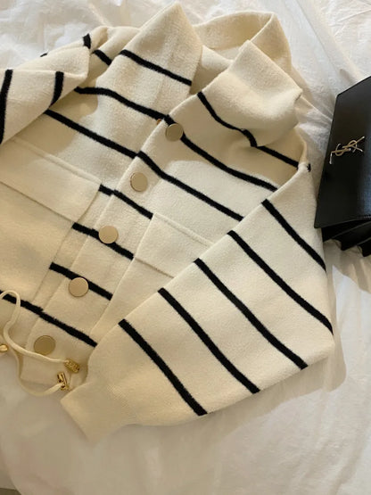 Loose Women's Knitted Cardigan Coat with Big Pockets Striped Splicing Drawstring Hem Single Buttoned Open Front Sweater