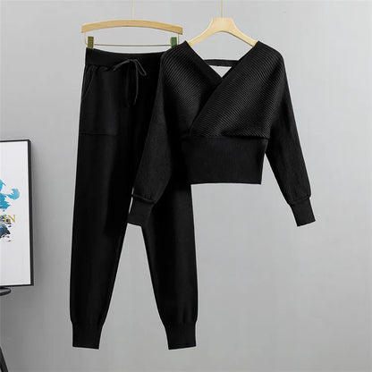 Elegant Tracksuit Sexy Two Piece Set Women Korean Style Ribbed Knitted Backless Top And Long Harem Pant Suit Autumn Outfits y2k