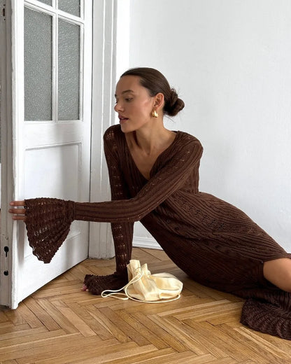 Deep V Neck Long Cardigan Dress - Elegant Hollow Knit Cover Up for Women
