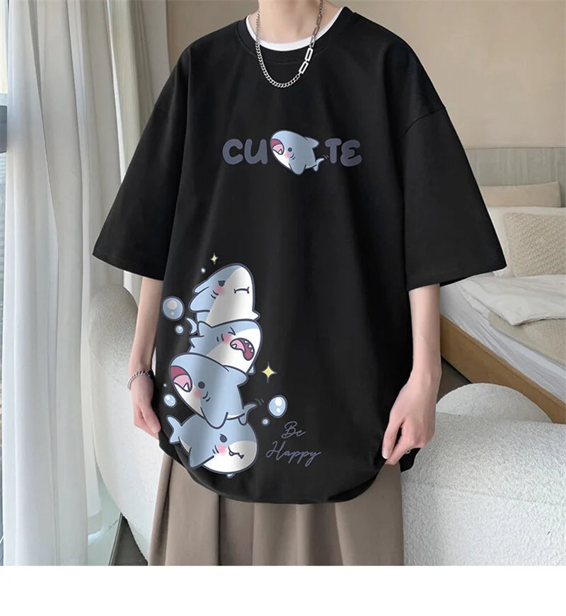 Men's Cotton T-shirts White Men Oversized T Shirt Anime Shark Print Summer Casual Wear 5XL Tee Shirts Big Size Male Clothes