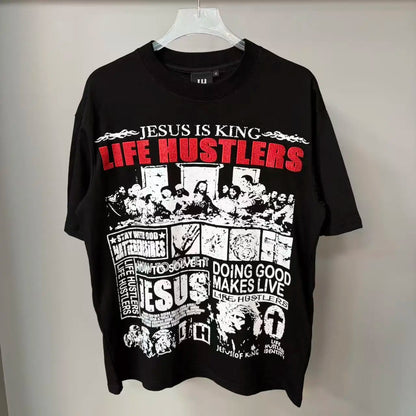 26SS Y2K High Quality American Retro Trendy Fashion Tops LIFE HUSTLERS 100% cotton large size loose Men's Women's T-Shirt