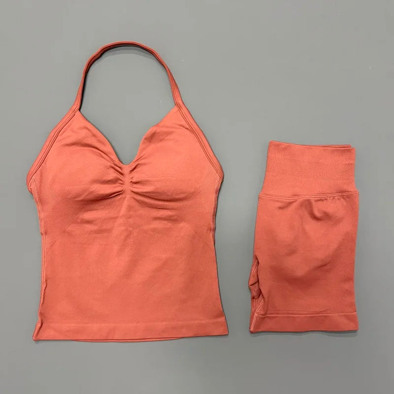 2Pcs HISTELLO Yoga Set Women Halter Tank Top Scrunch Butt Lifting Shorts Ruched Anti Chafe Quick Dry Gym Workout Sports Set