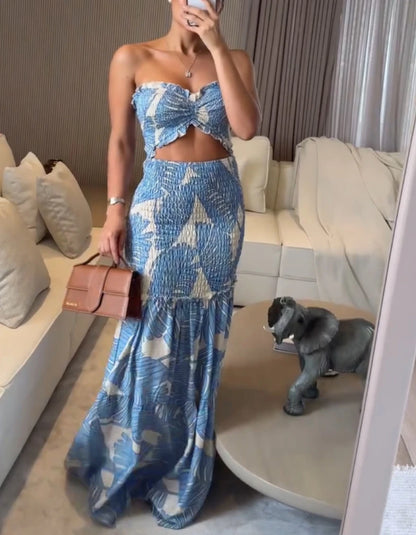 Tropical Print Dress - Slim Fit Mermaid Ruffle Hem Ankle Length Vacation Outfit