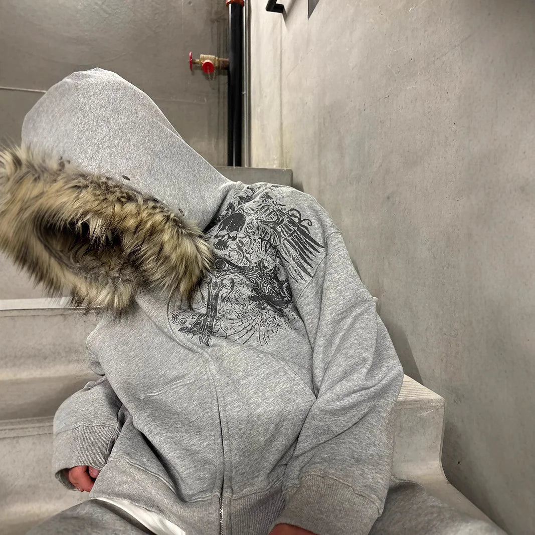 American Style Hip-Hop Style Y2K Autumn and Winter New Item Unisex Thick Print Warm Hoodie Jacket Zipper with Hat