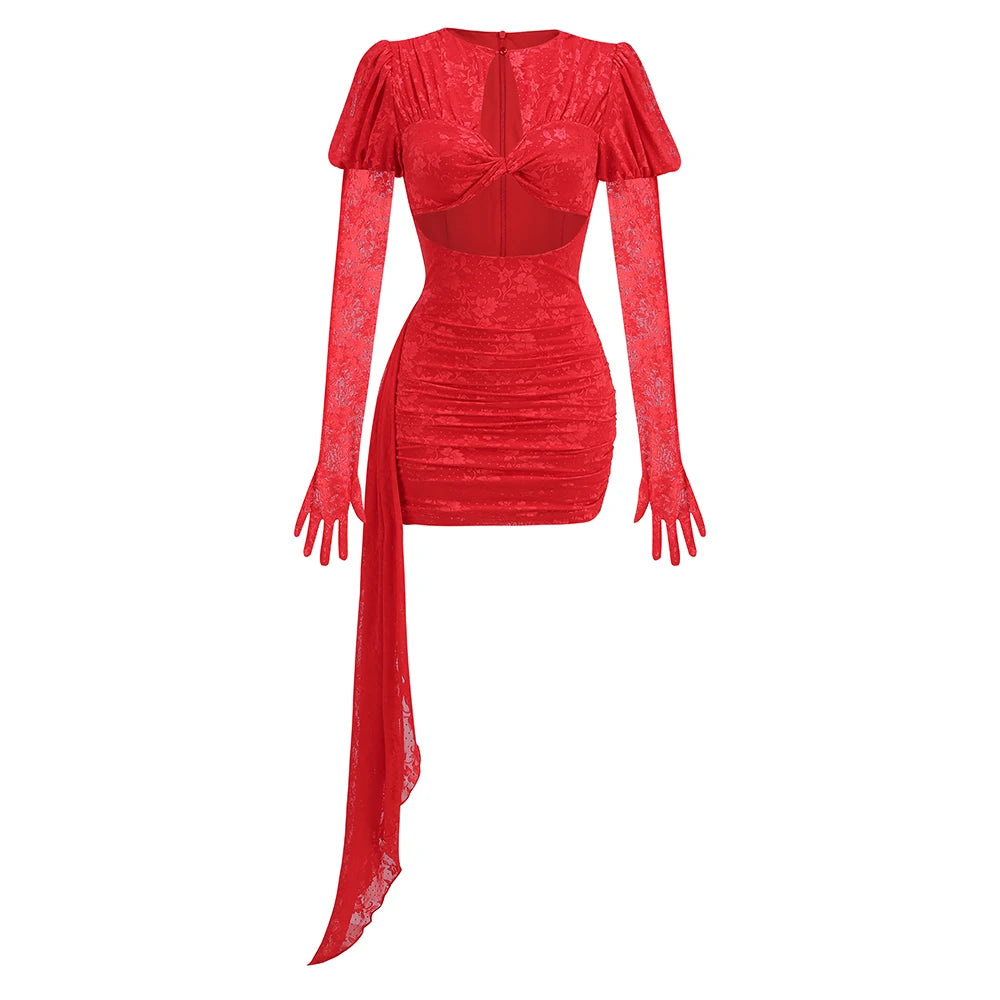 Sexy Bodycon Mini Dress - Red White Draped Women's Party Dress With Full Sleeve