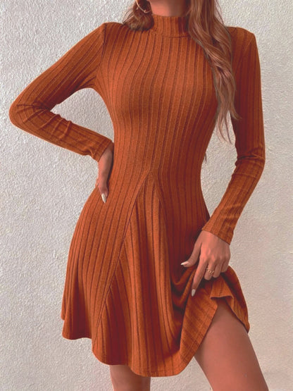 Slim Fit A-Line Dress – Women's Office Waist Cinched Mini Skirt Dress, Autumn Winter