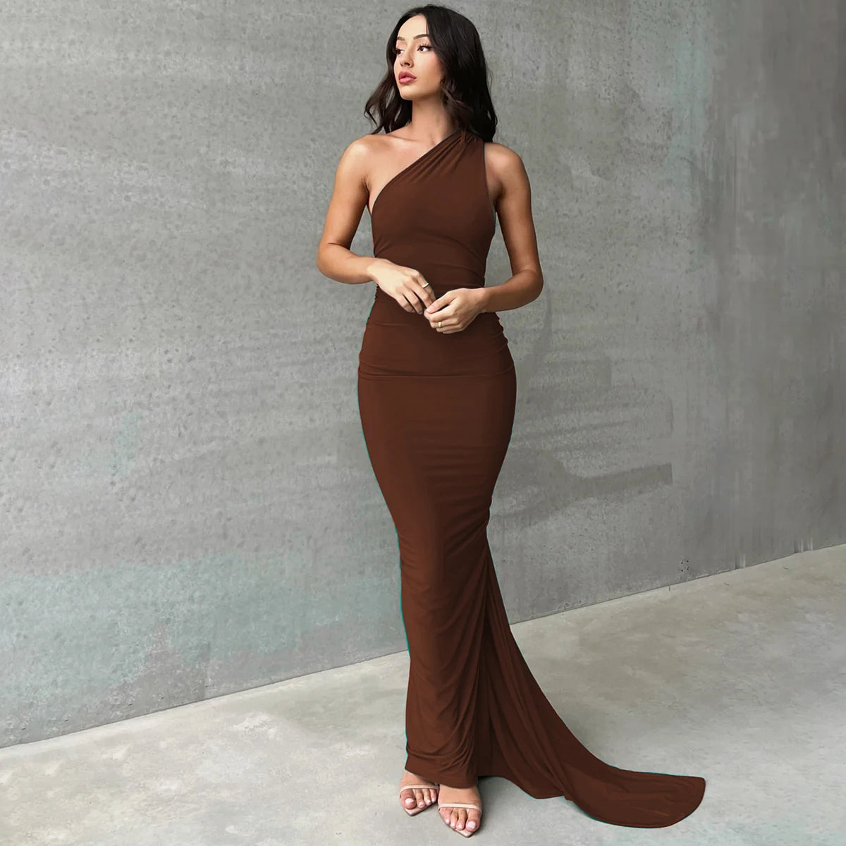 Hugcitar One Shoulder Backless Adjustable Scarf Loop Ruched Sexy Maxi Dress Women Elegant Y2K Streetwear Festival Outfit