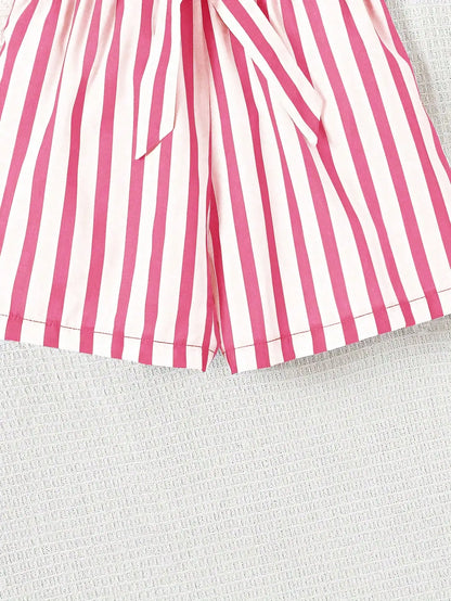 Women's casual daily short sleeved love printed+striped printed shorts 2-piece set with random belt striped children's clothing