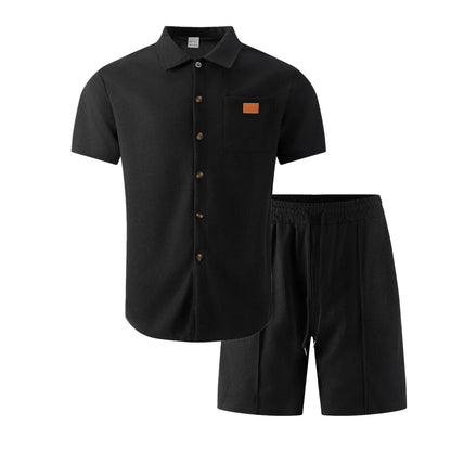 Summer New Men Waffle Knit Polo Solid Color Lapel Short Sleeve Cardigan Shirt Pocket Shorts Set Casual 2 Piece Outfit For Male