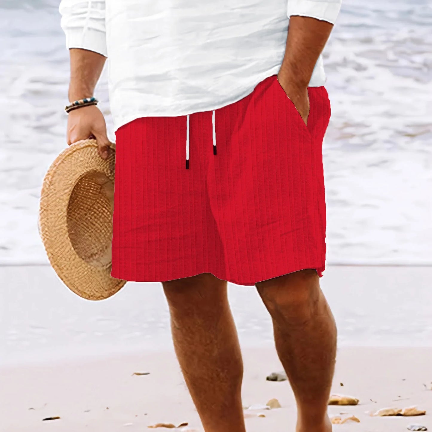 Men's Beach Shorts - Lightweight Striped Multi-Pocket Hawaiian Style Casual Summer Board Shorts