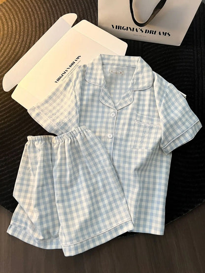 Ins Japanese-Style Minimalist Women's Pajamas Summer Bubble Cotton Cute Girl Loose Short-Sleeve Shorts Loose Summer Outfit Set