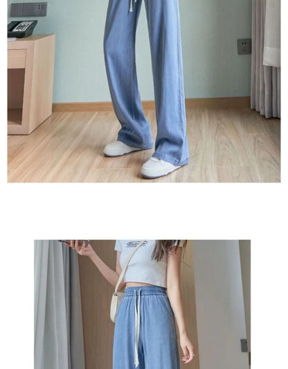 Summer Thin Soft Silk Loose Straight Leg Jeans Women's High Waist Wide Leg Pants Comfortable Breathable Casual Trousers