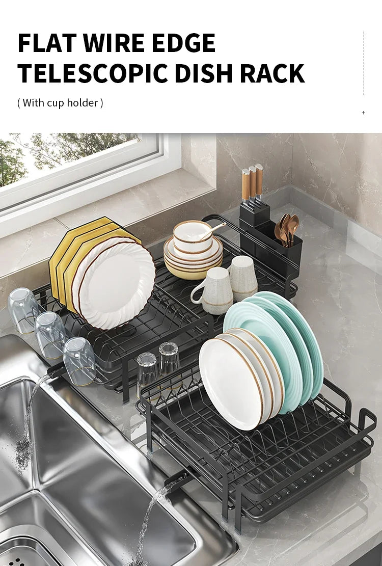 Expandable Dish Drainer - Adjustable Kitchen Rack with Drainboard, Utensil & Cup Holder