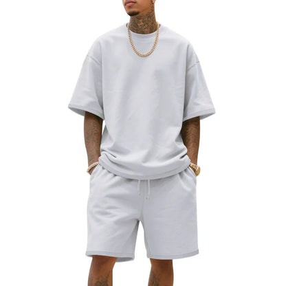 2025 100%  Cotton Men's Summer American-Style Loose High Street Hip-Hop Sport Short-Sleeved Set with Shorts
