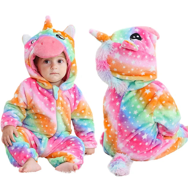 Baby Winter Rompers - Soft Polyester Hooded Jumpsuit With Animal Pattern, Machine Washable