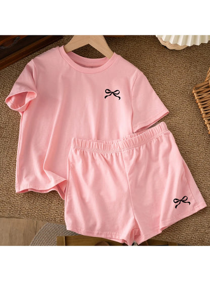 Casual Children's Clothing Set Solid Color Printed round Neck Short Sleeve Top with Wide Leg Shorts Pants for Kids