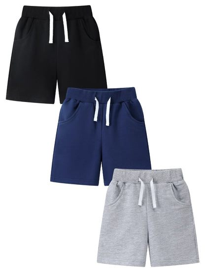 Trendy 3pcs Kids Boys Summer Casual Sweat Shorts Elastic Waistband Drawstring Pockets Soft Cotton Athletic Short Pants 2-7Y