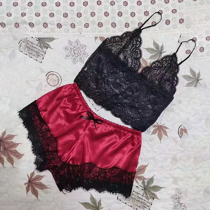 Sexy Womens Lace Sleepwear Lace Nachtkleding Lingerie Sleeveless V-Neck Babydoll Pajamas Set Lingerie Tops Shorts Set Nightwear