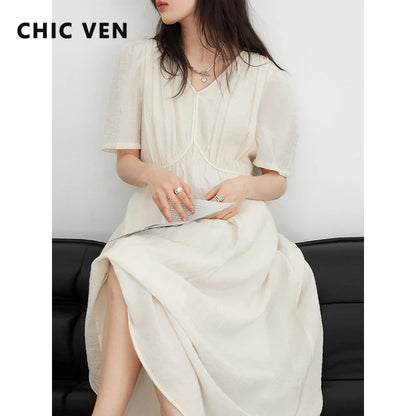 Vintage V-Neck Dress – Women Summer Fashion | White Puff Sleeve, Loose Ankle-Length