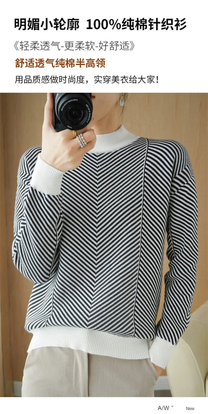 Women's autumn and winter 100% pure cotton knitted semi high neck pullover casual striped warm sweater fashionable hot selling