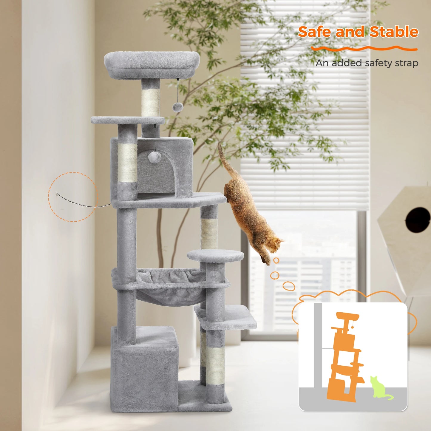 Large Cat Tree - Multi Level Indoor Cat Tower With Sisal Covered Posts & Spacious Condo