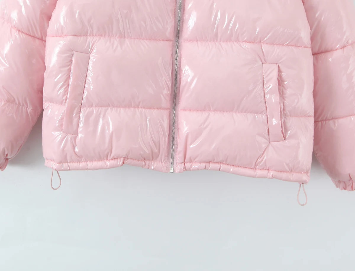 New Winter Fashion Women Bright Light Blue Zipper Up Bread Parka Coat Woman Stand Collar Removable Hooded Long Sleeve Outerwear