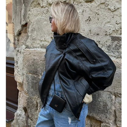 Faux Leather Jacket – Women's Bomber Jacket With Snap Button | Office Outerwear Coat