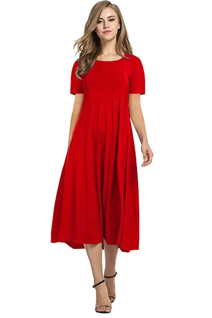 2026 European and American Summer Women's Round Neck Short Sleeve Solid Color Flared Dress