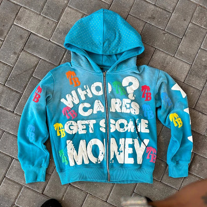 Y2K Trendy Letter Pattern Loose Casual Comfortable Hooded Zipper Retro Hoodie Jacket Top Unisex