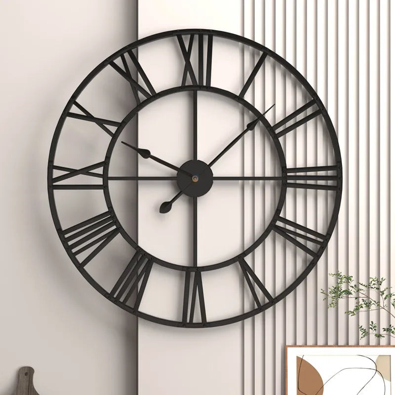 Modern 3D Large Wall Clock - Retro Roman Numerals Silent Metal Decoration