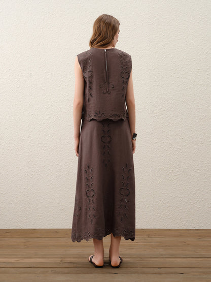 FSLE【Premium Series】Summer Women Linen Two Piece Set Cut-Out Embroidered Sleeveless Top Midi Skirt Boho Beach Vacation Style