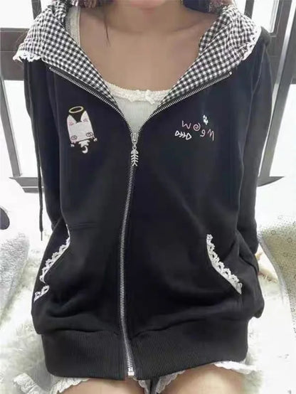 Zipper Hoodie Gothic Cartoon Kawaii Cat Ear Y2k Jacket Zip Up Thin Coat Spring Autumn Cute Core 2000s Clothes Fall Sweatshirts