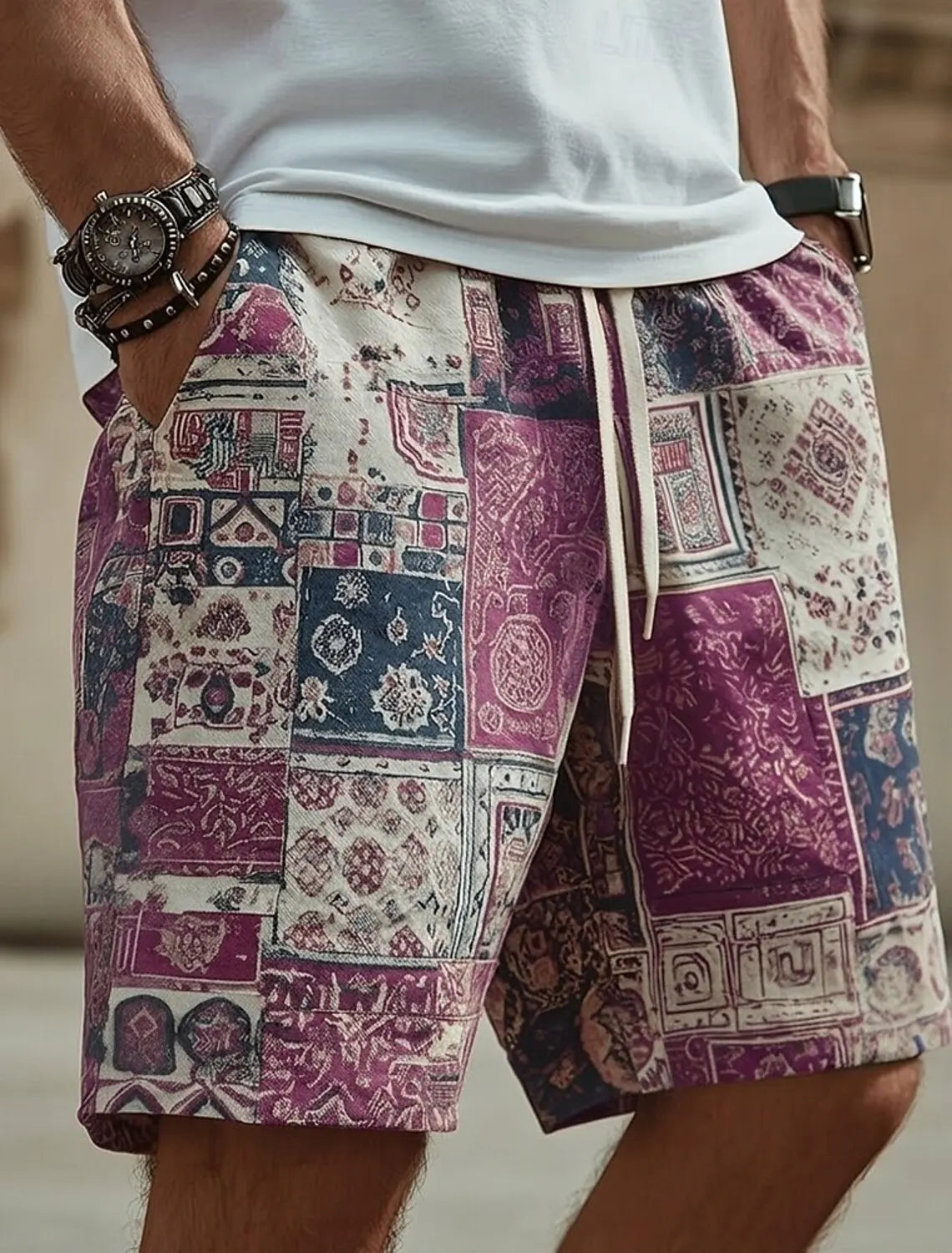 Men's Boho Color Block Patchwork Casual Shorts, Retro Ethnic 3D Print Elastic Drawstring Waist Shorts, Spring Summer Beach