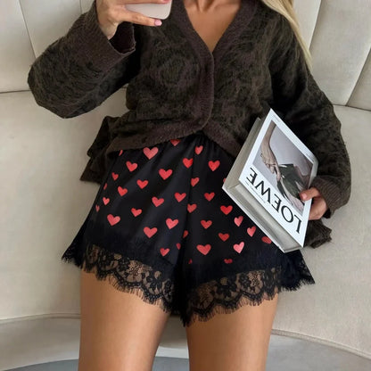 Women's Satin Sleep Shorts – Heart-Print Lace Lounge Shorts