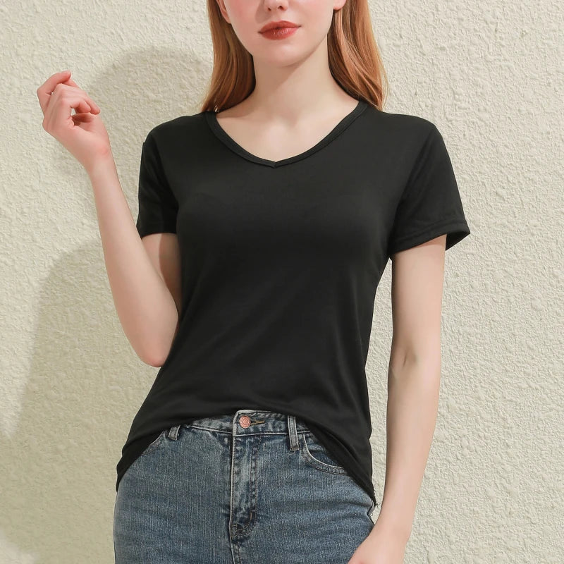 Women's Cotton V-Neck T-Shirt – Slim-Fit Solid Tee (Black/White)
