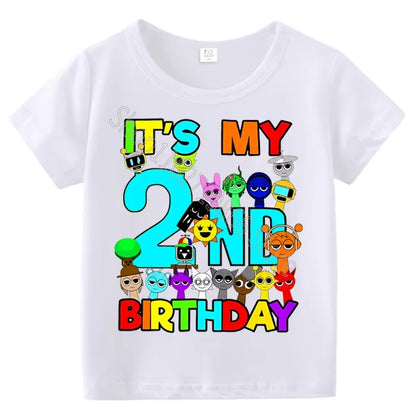Kids Birthday Cute Cartoon Characters Graphic T-Shirt, Soft Cotton Crew Neck Tee, Casual Party Wear for Boys & Girlsdf0019